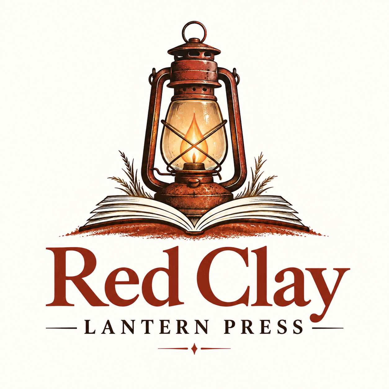 Original Red Clay Lantern Press logo, a red antique lantern resting on an open book.