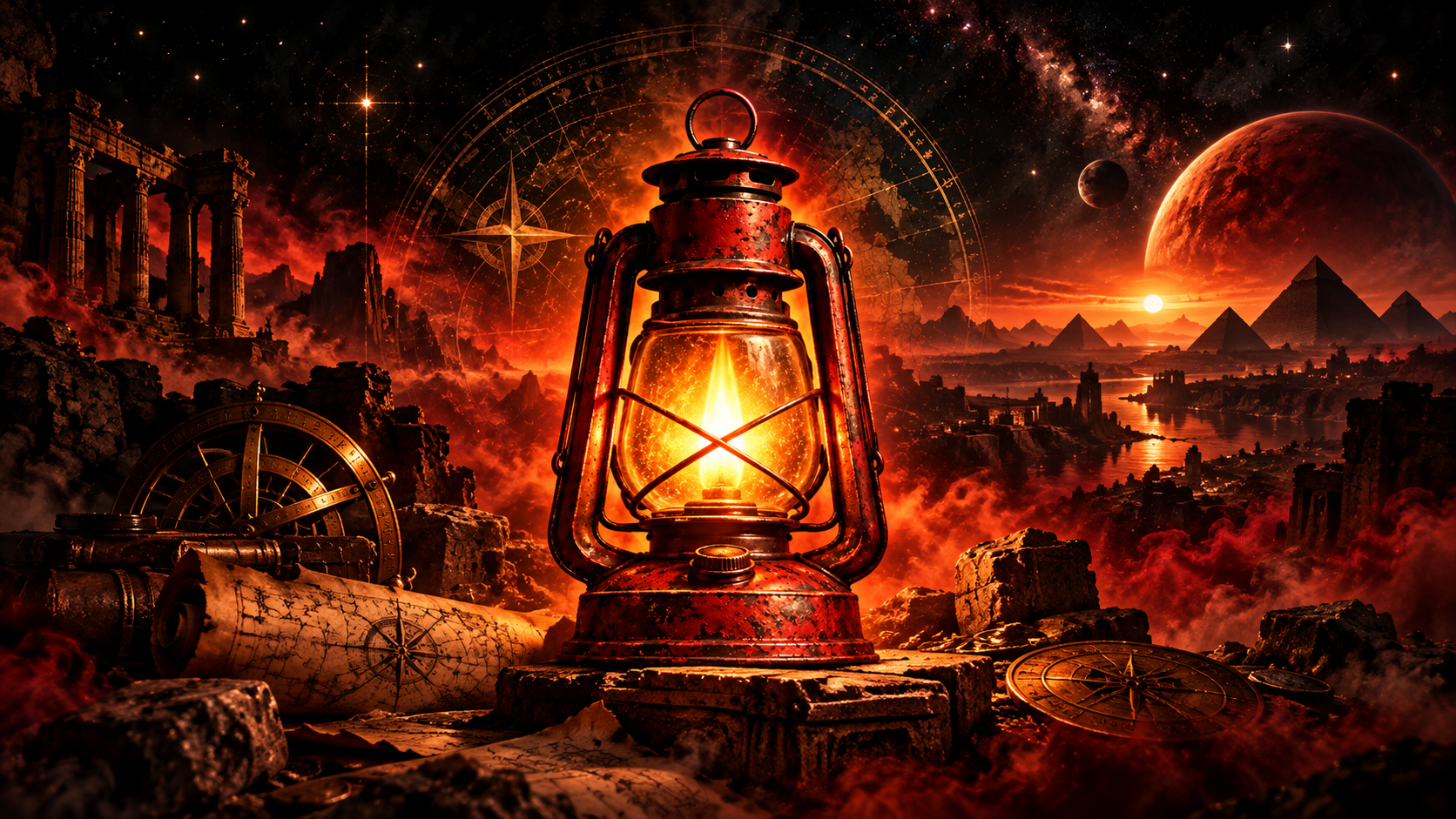 Red lantern glowing among ancient ruins, celestial maps, distant pyramids, and a dramatic star-filled sky.